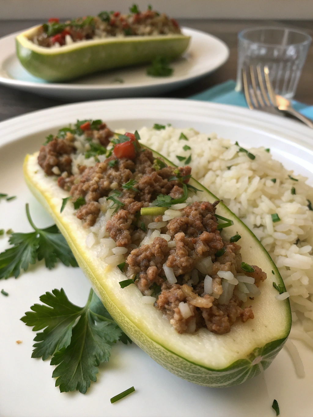 Stuffed marrow with mince and rice ingredients