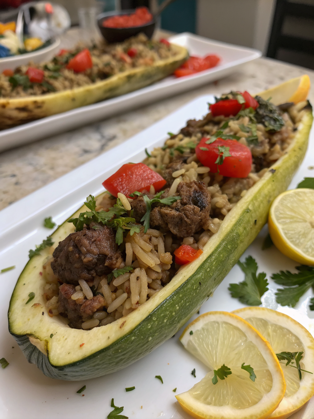 savory stuffed marrow recipe with beef rice and Mediterranean spices ingredients